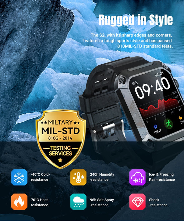 Rogbid TANK Military Smartwatch Men's 5ATM Waterproof Rugged Outdoor Sports Fitness Tracker Make Bluetooth Call Smart Watch
