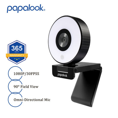 PAPALOOK Live Streaming Webcam with Ring Light, FHD 1080P 30FPS Fixed Focus USB Web Camera Dual MIC/Tripod for Twitch, Xbox